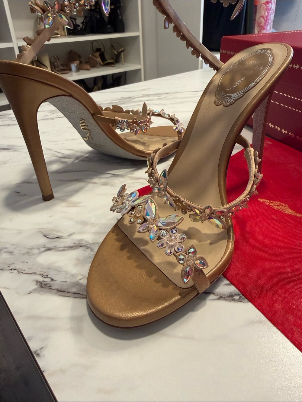 Rene Caovilla Eden Nude Sandal 105 Crystal Embellished Ankle Wrap - Picture 10 of 16